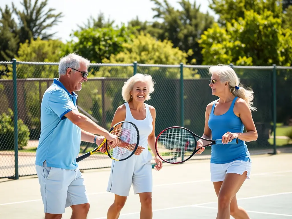 A diverse group of tennis players participating in a friendly doubles match on a well-maintained court. The atmosphere is social and engaging.