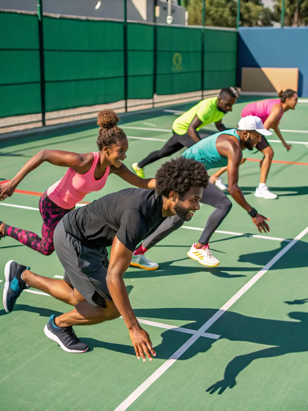 A diverse group of tennis players of different ages and skill levels participating in a group training session, highlighting the club's inclusivity.