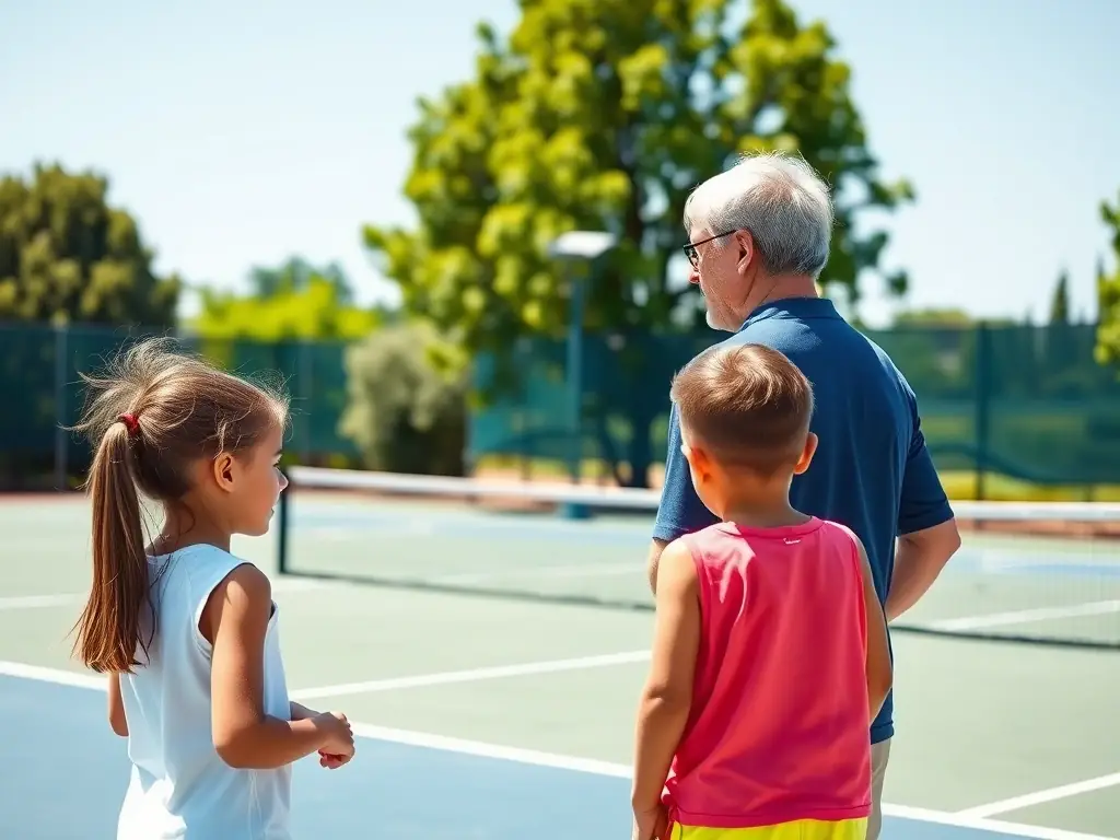 A group of children participating in a tennis lesson on a sunny outdoor court, with a coach providing instruction and encouragement. The focus is on teamwork and skill development.