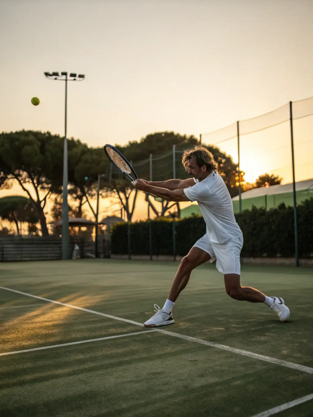 An action shot of a tennis player dynamically hitting a forehand during a match, emphasizing the physical fitness aspect of playing tennis.
