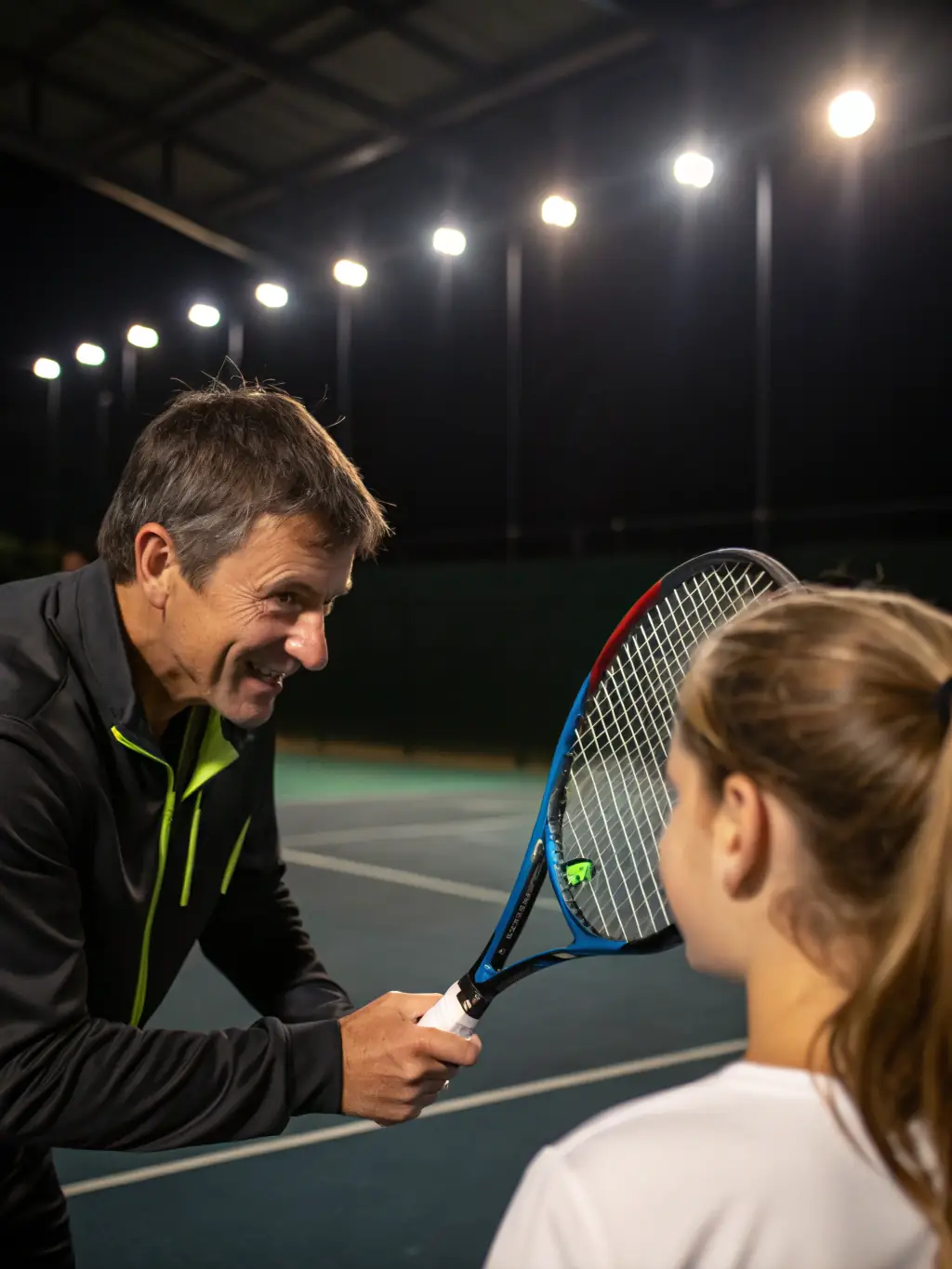 A close-up shot of a tennis coach providing personalized instruction to a player, focusing on grip and stance, set against the backdrop of the tennis court.