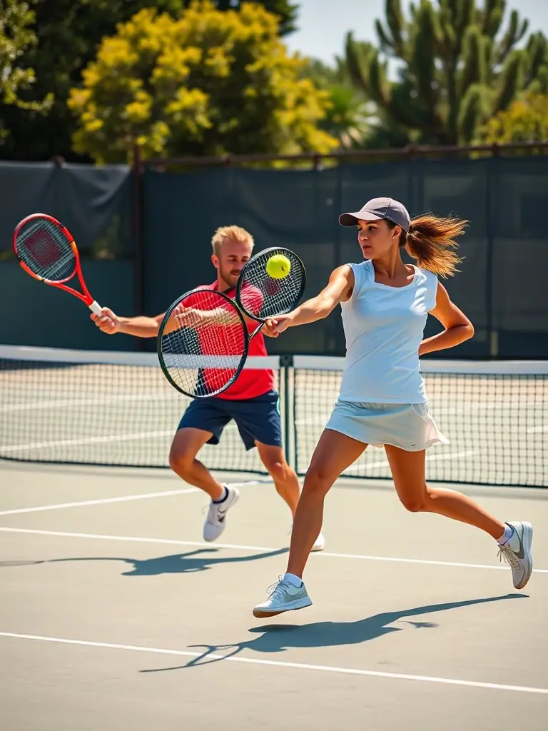 An action-packed photo capturing a doubles tournament match, showcasing the competitive spirit and camaraderie at TENNIS CLUB DE ST GENIEZ D OLT.