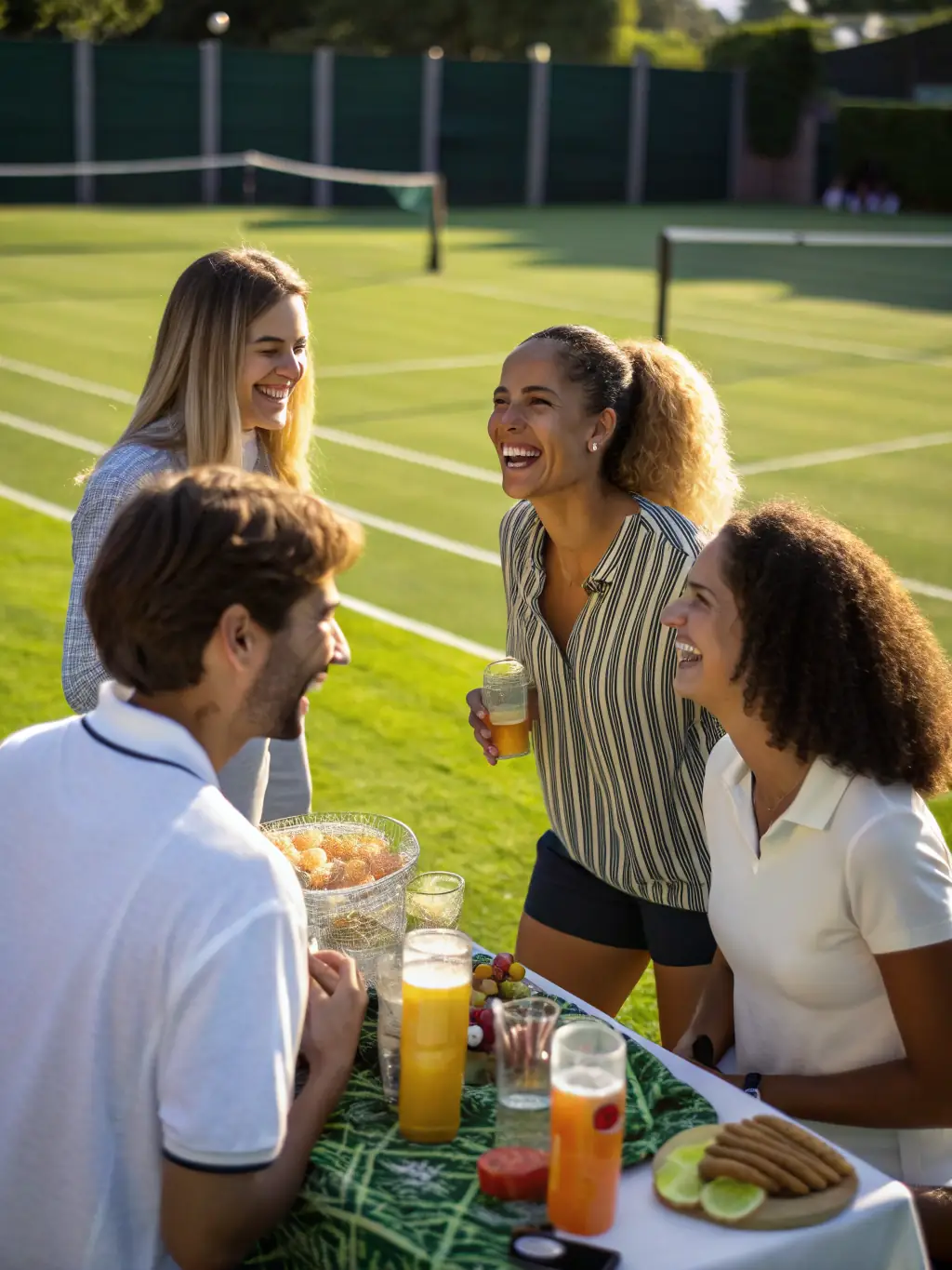 A group of club members socializing and laughing together after a tennis match, showcasing the friendly and inclusive atmosphere of the club.