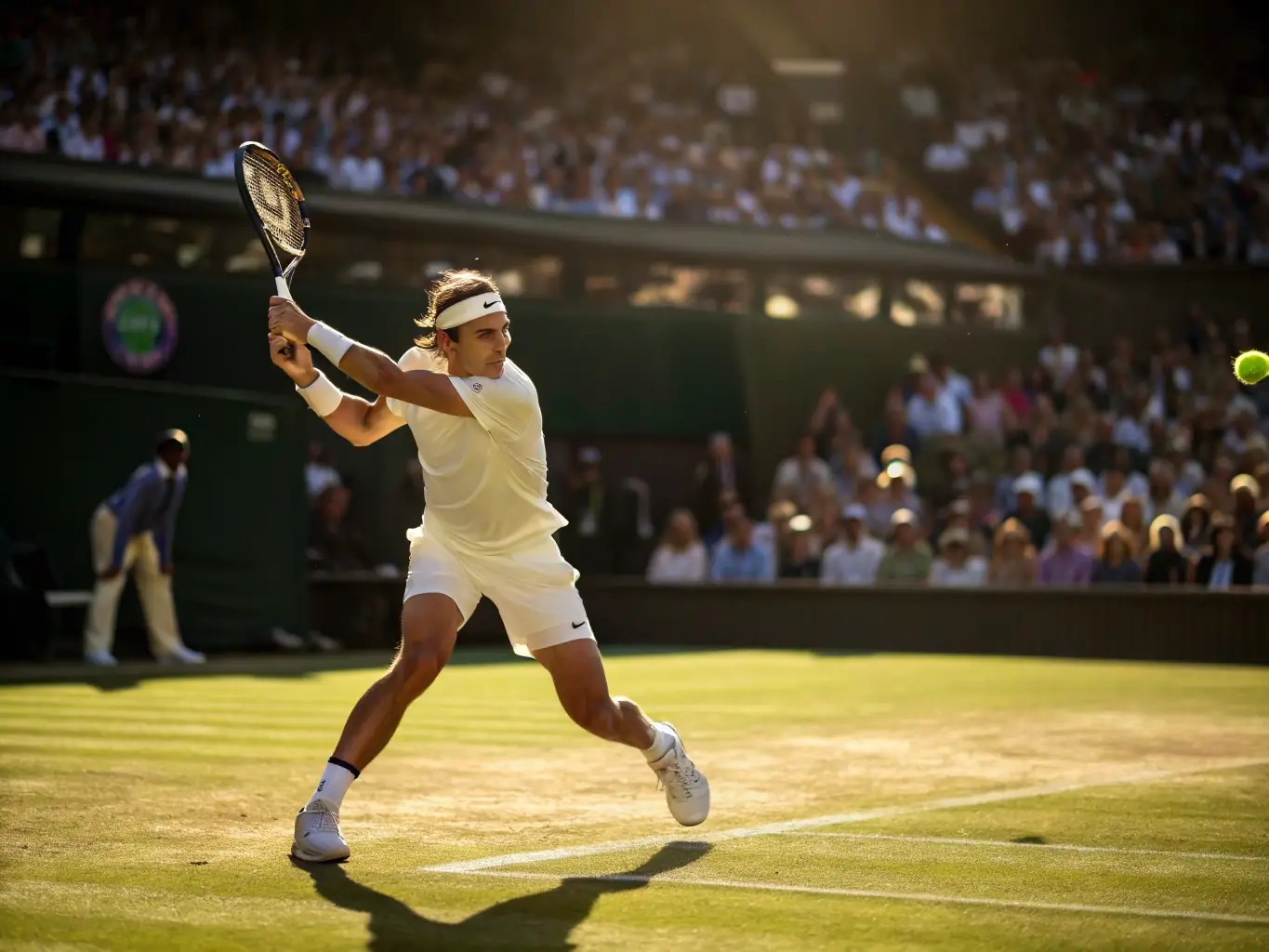 A dynamic image of an adult tennis player hitting a powerful forehand shot during a training session. The image conveys energy, focus, and skill.