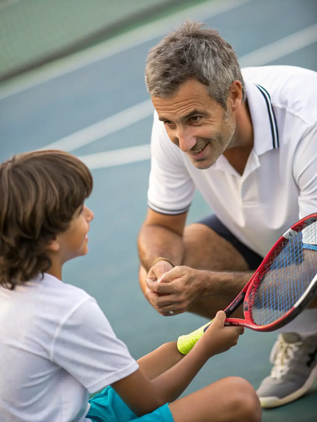 A focused image of an adult tennis player receiving one-on-one coaching, emphasizing personalized instruction and technique refinement at TENNIS CLUB DE ST GENIEZ D OLT.