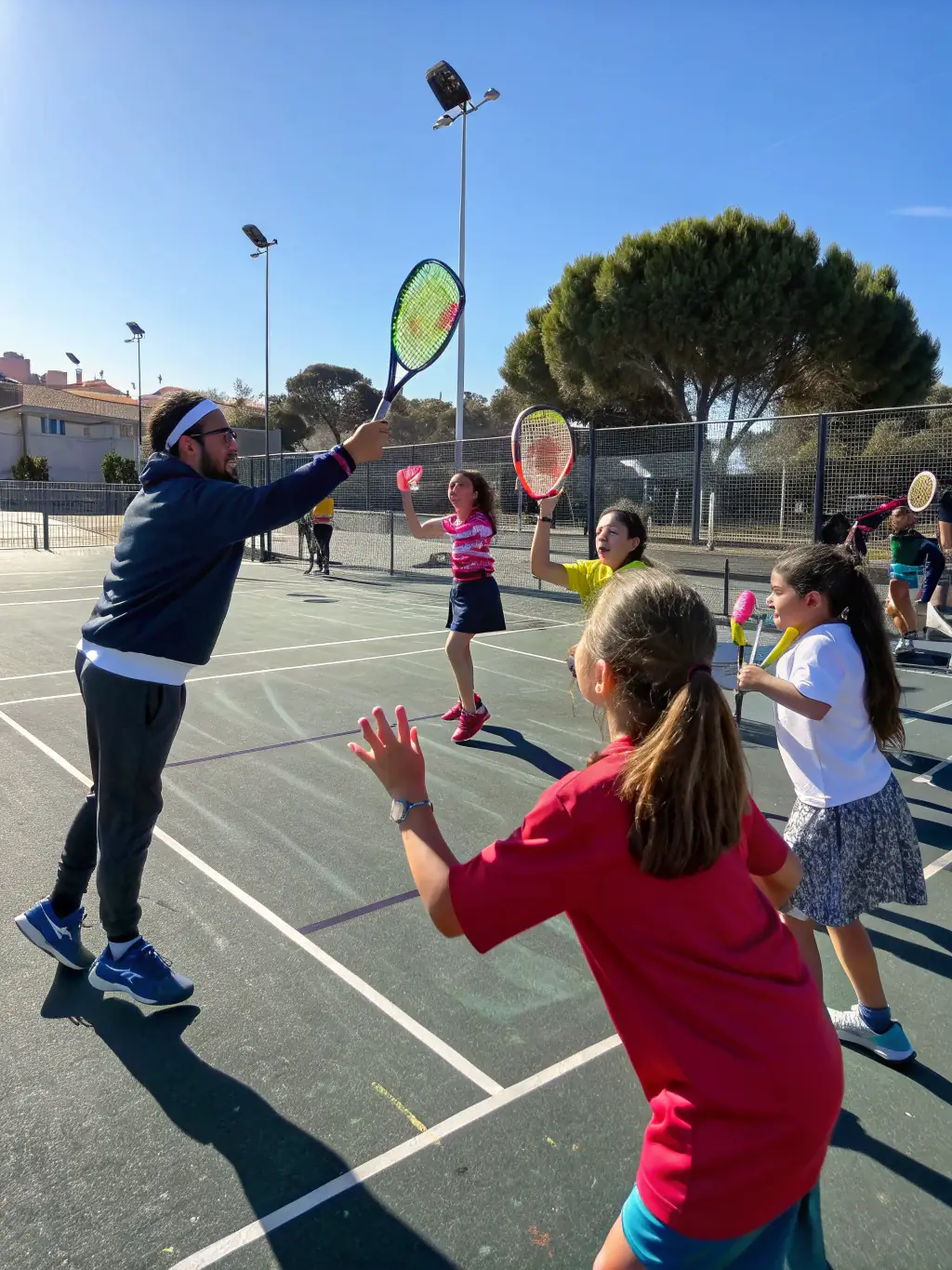 A dynamic shot of a junior tennis clinic in action, with kids learning forehand techniques under the guidance of a certified coach at TENNIS CLUB DE ST GENIEZ D OLT.